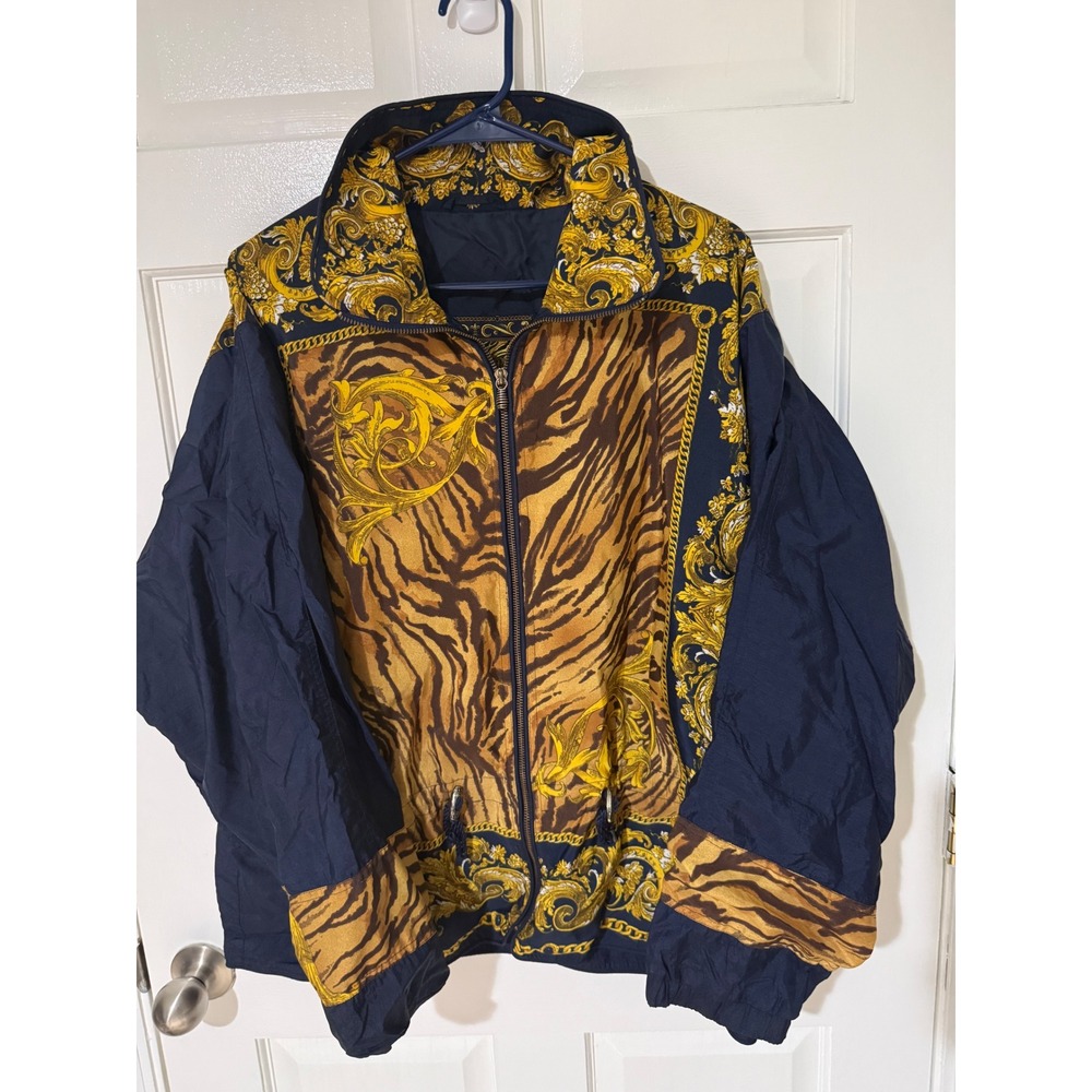 Vintage Winterset Baroque Tiger Print Windbreaker Jacket Navy Gold Women 2x